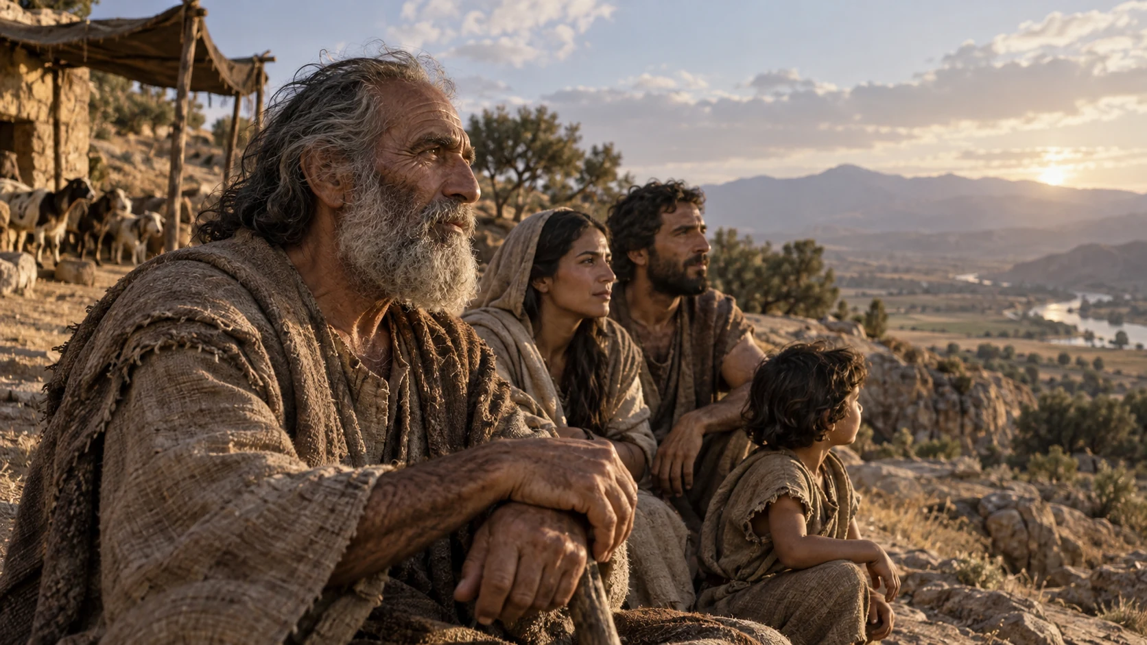 An anonymous three-generation family looks across a rural ancient landscape.