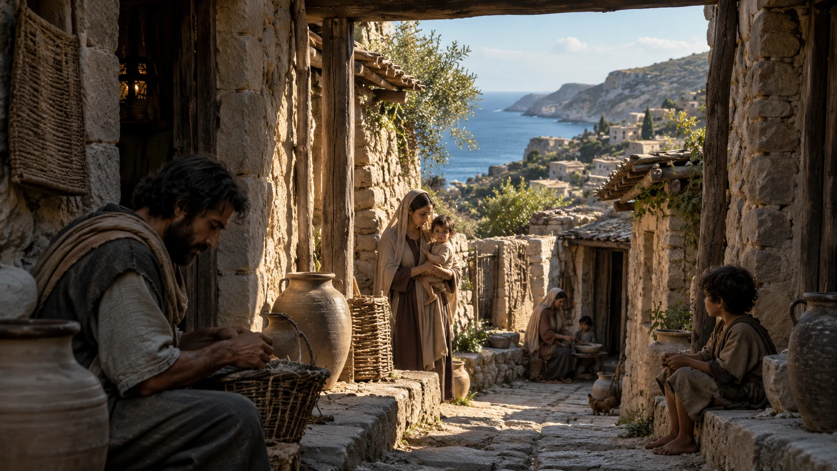 Anonymous households occupy a rough stone lane overlooking a coastal hillside settlement.