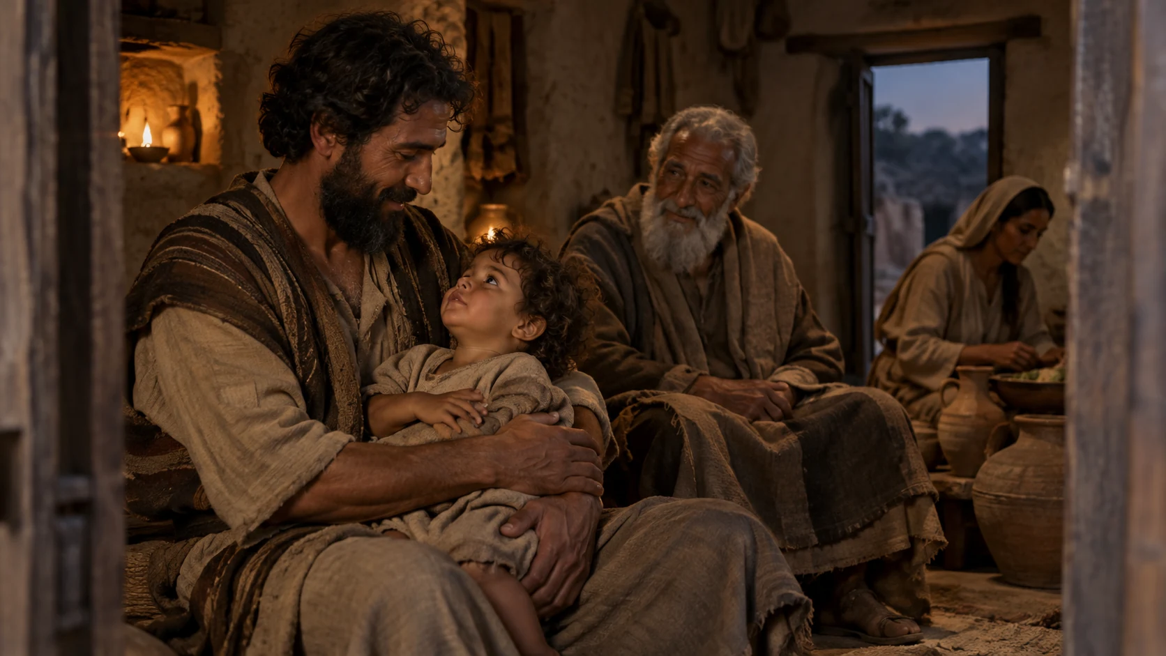 An anonymous father holds his child while an elder and mother sit nearby in a modest home.