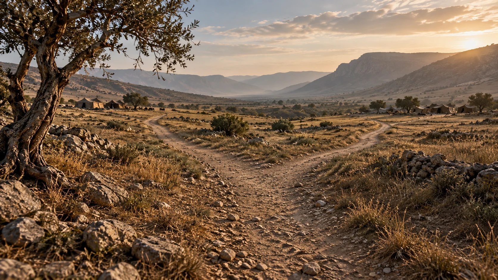 A quiet path forks toward two separate pastoral settlements in a broad valley.