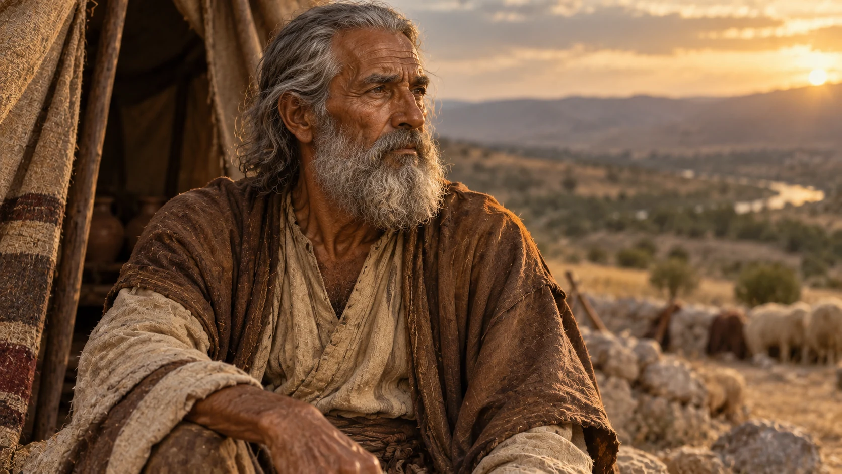 Elderly Abraham sits outside his tent in evening light, looking across a pastoral landscape.