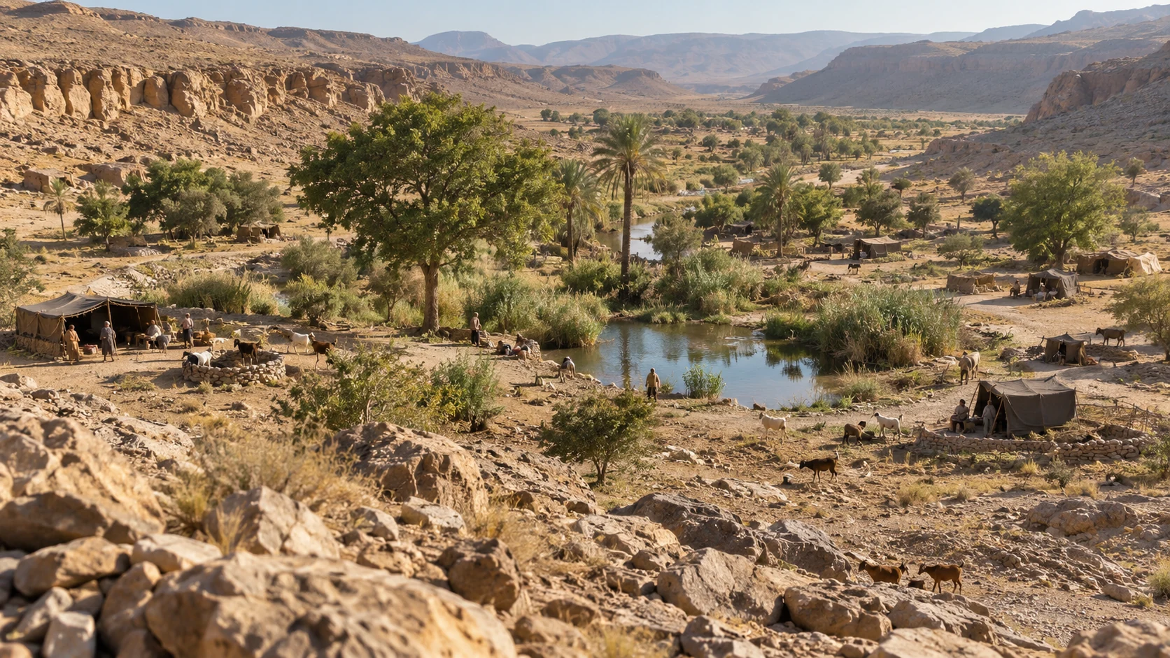 Anonymous pastoral households occupy separate encampments around an oasis.