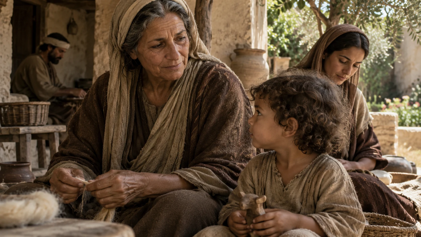 An anonymous older woman and child share a quiet moment in a modest household.
