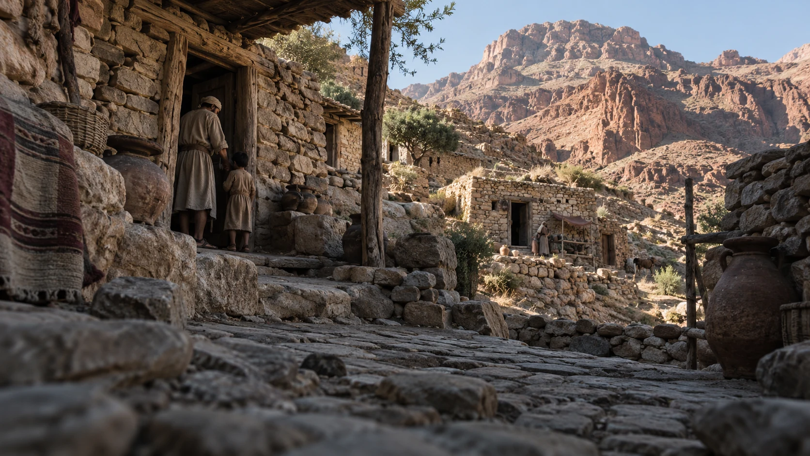 Anonymous family homes occupy a rough stone courtyard beneath rugged red-brown hills.