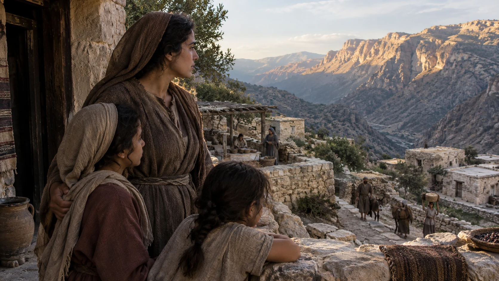 An anonymous woman and younger relatives overlook terraced households in a steep rocky valley.
