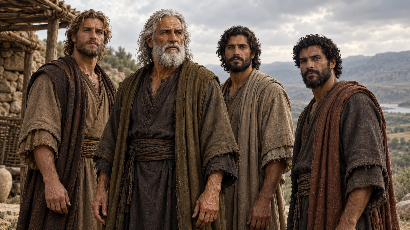Noah stands with his three adult sons outside a modest pastoral shelter.