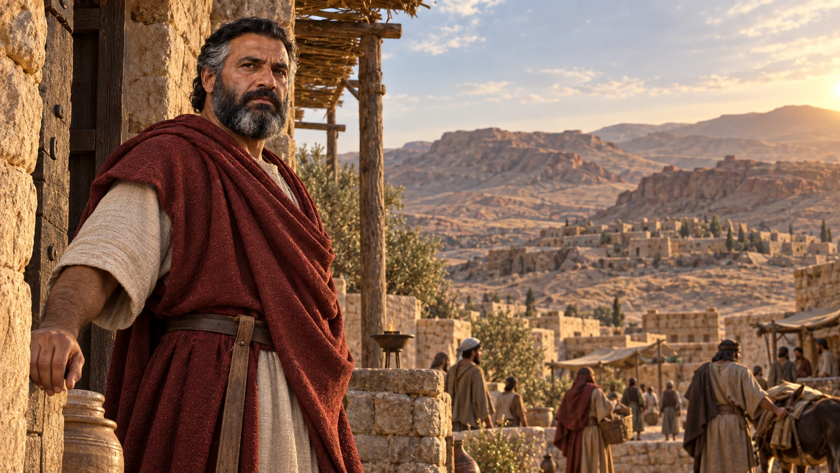 Bela in an oxblood mantle stands at a stone threshold overlooking an Edomite settlement.