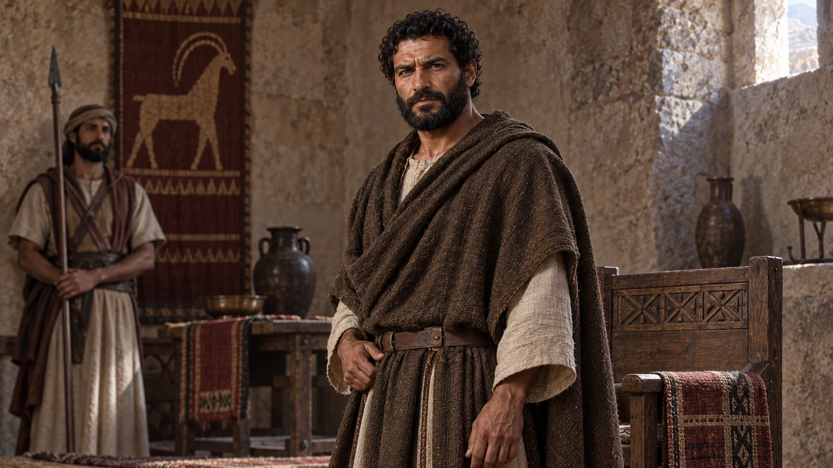 Hadad stands in a restrained royal hall with a wooden chair behind him.