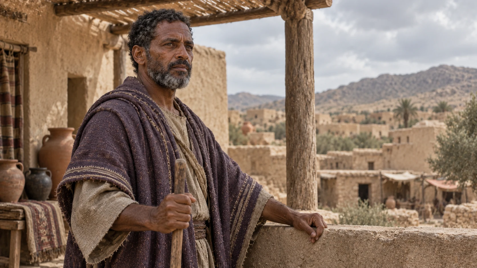 Samlah in a violet wrap stands beneath a reed-shaded portico above a settlement.