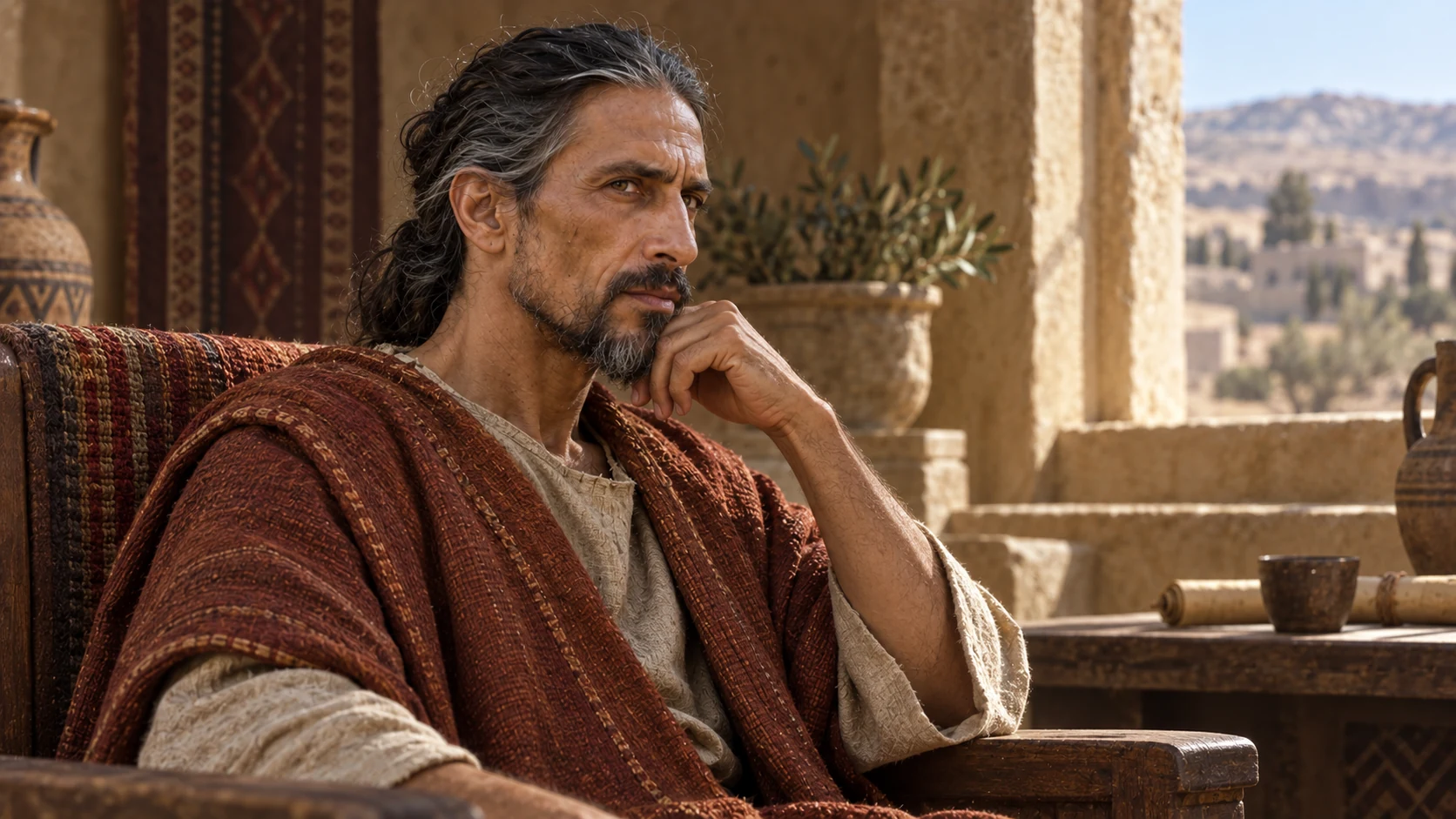 Baal-hanan in a rust wrap sits beside a sunlit window in a stone chamber.
