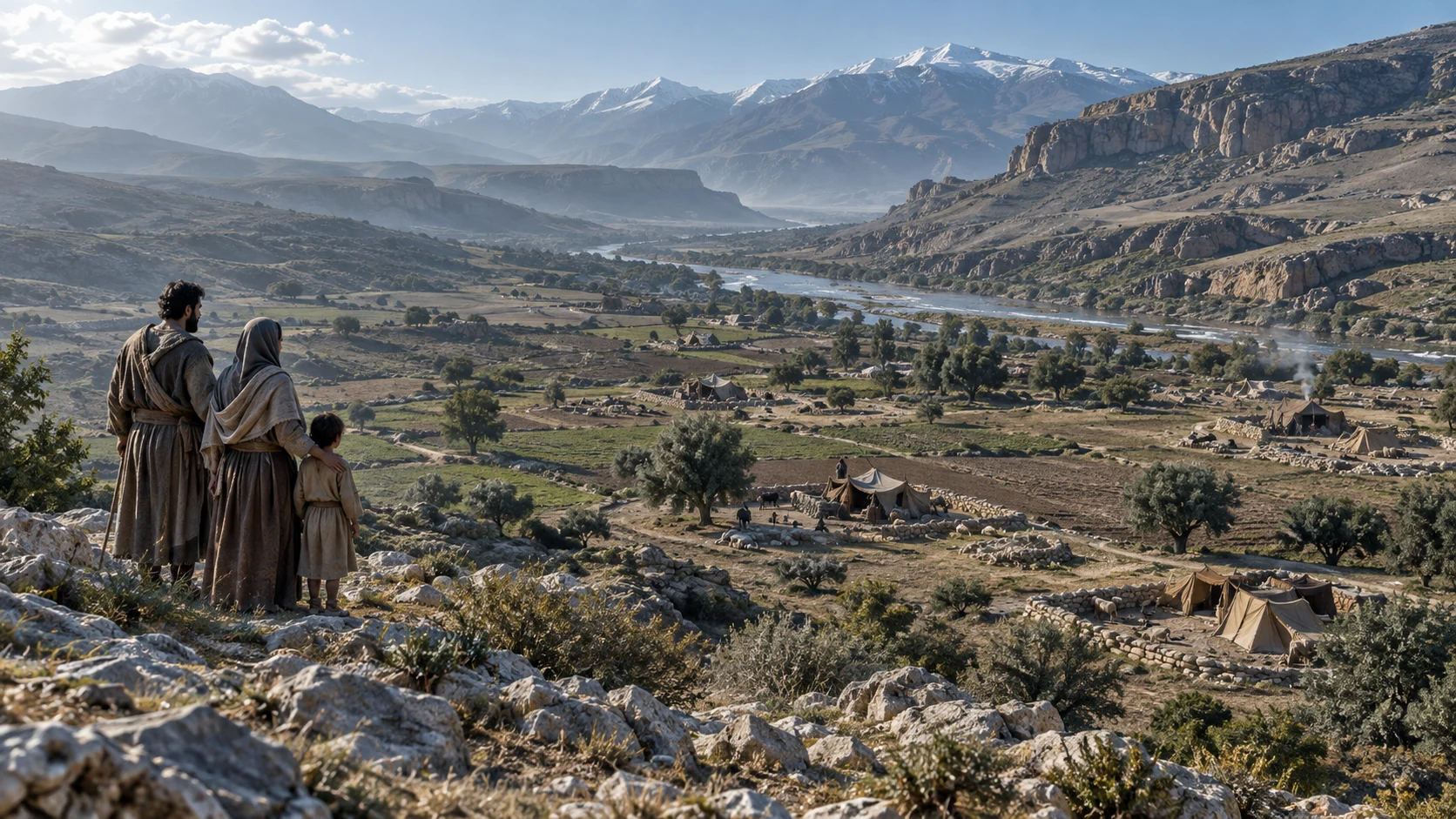 Anonymous families inhabit dispersed settlements across a broad rugged valley.