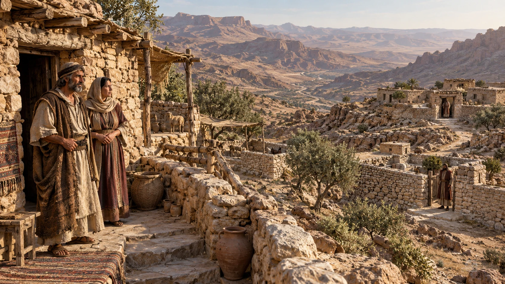 Anonymous Edomite households occupy separate stone settlements across a rugged landscape.