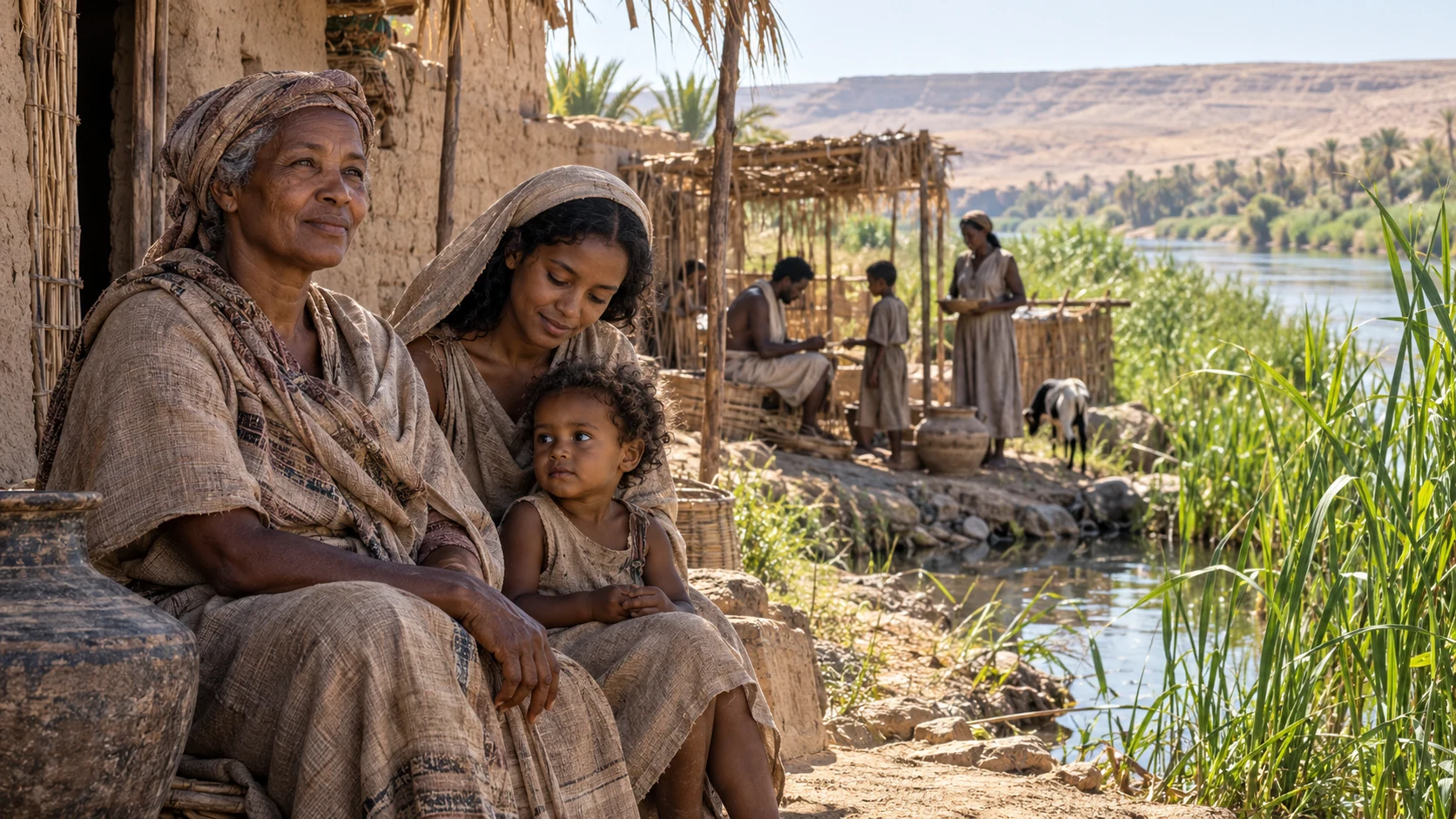 Three generations of anonymous women and children sit beside a modest river-valley home.