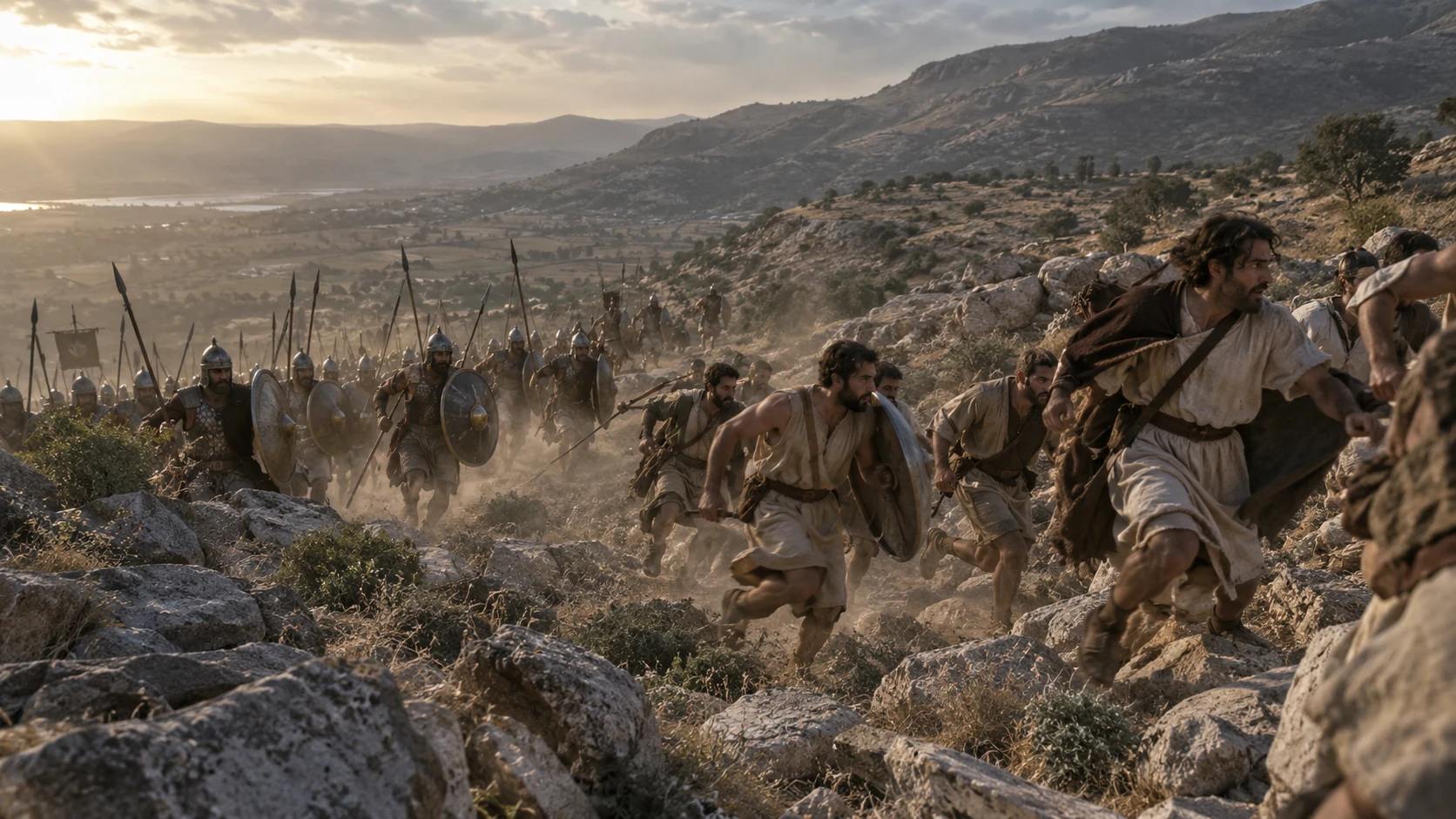 Israelite soldiers flee pursuing Philistines on a rocky hillside.