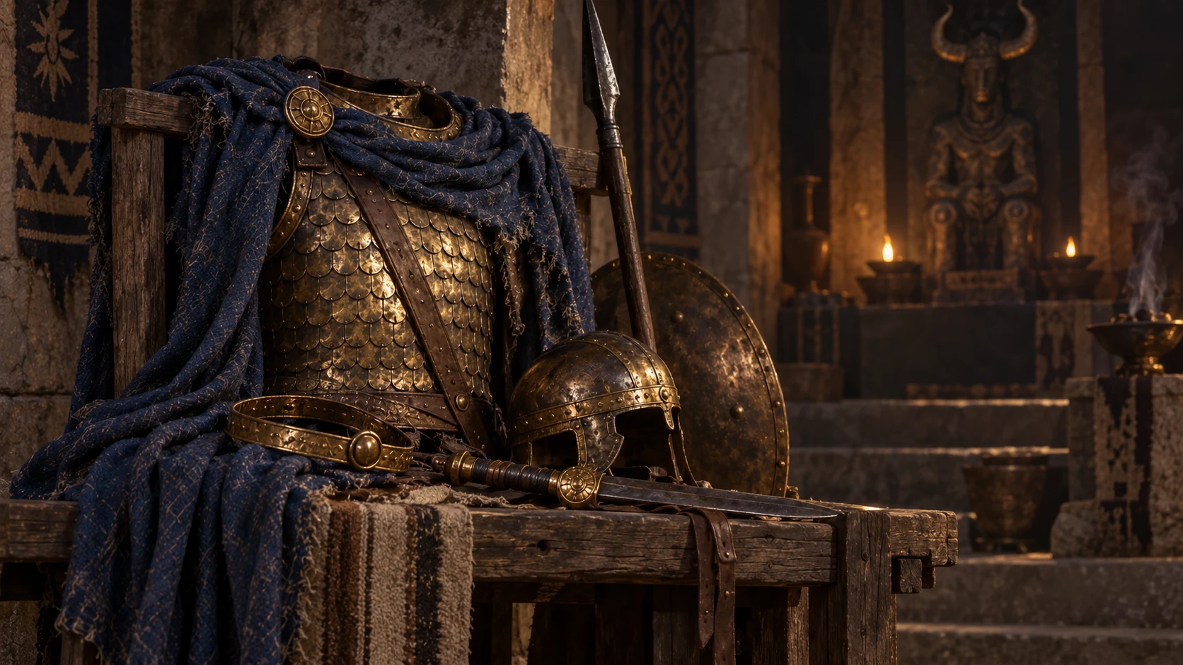Saul’s bronze armor and indigo clothing are displayed in an idol house.