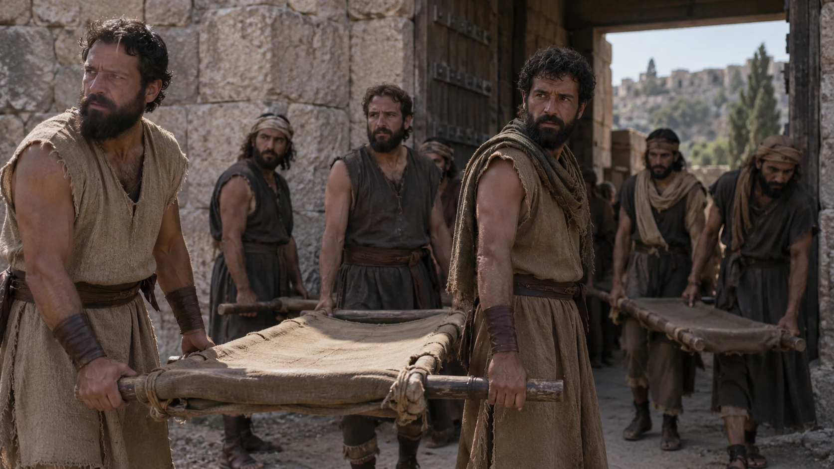 Valiant men prepare wooden carrying stretchers at a village entrance.