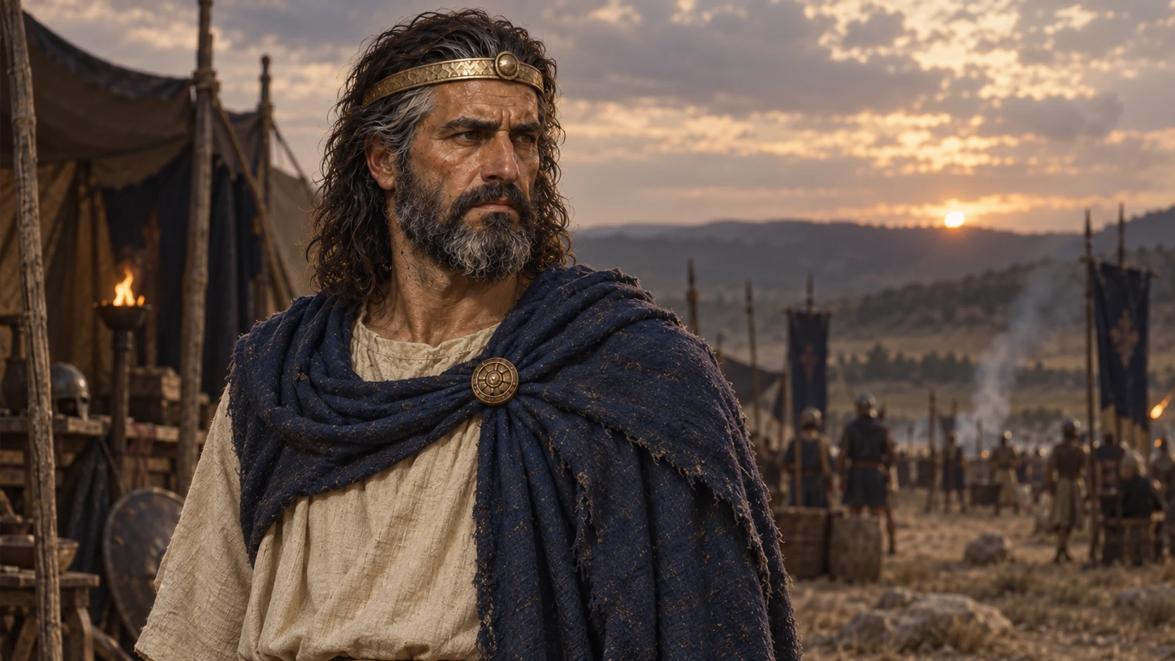 Saul sits sternly in a quiet military camp.