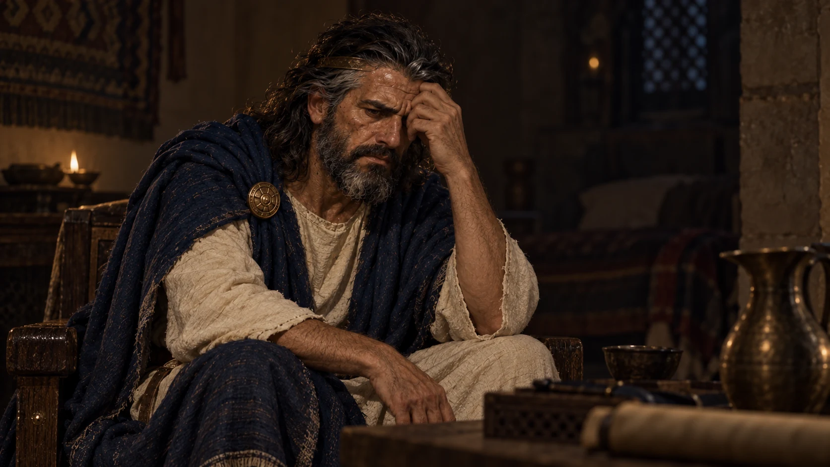 Saul sits alone with a troubled expression in a dim shelter.