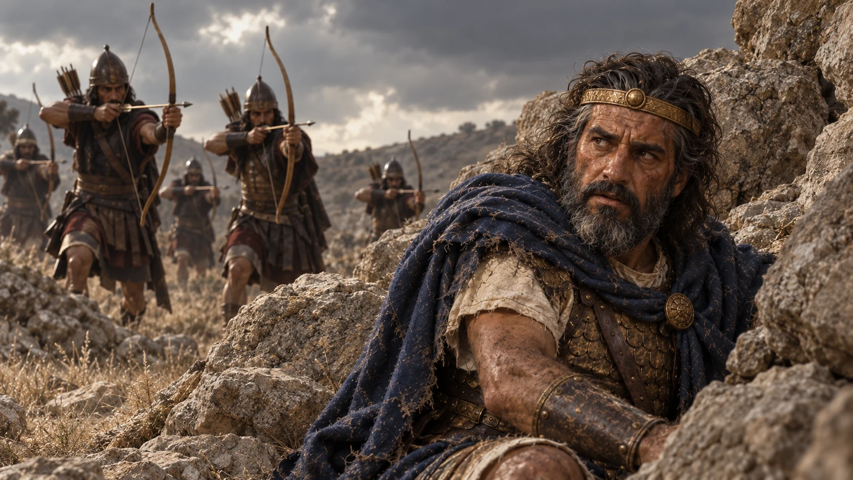 Saul stands on rocky ground as distant archers press the battle.