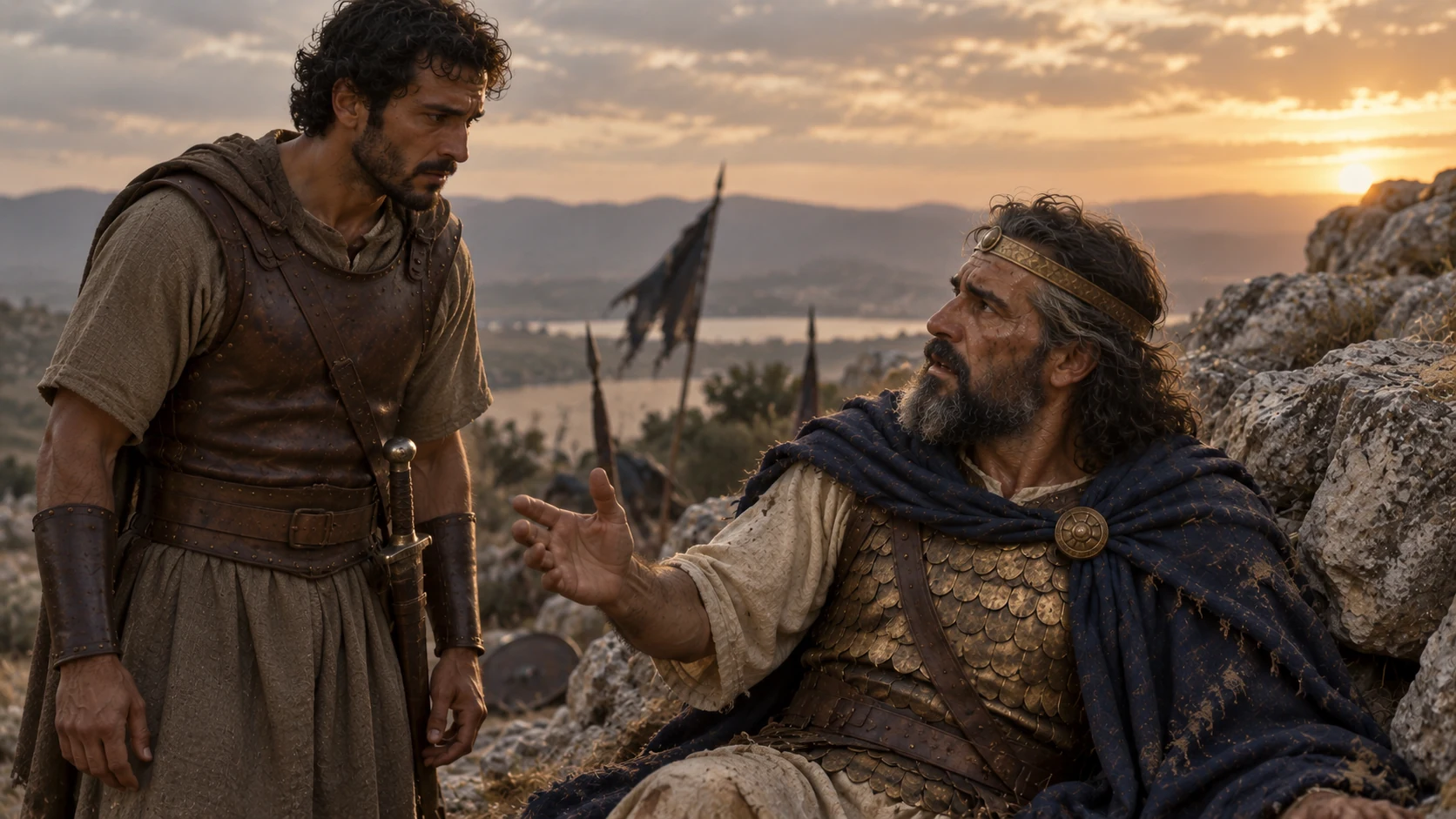 Saul speaks urgently to his armor bearer beside a rocky shelter.