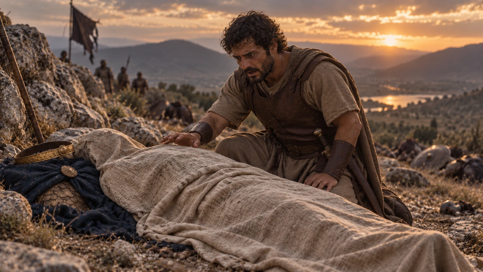 The armor bearer kneels beside Saul’s covered body and indigo cloak.