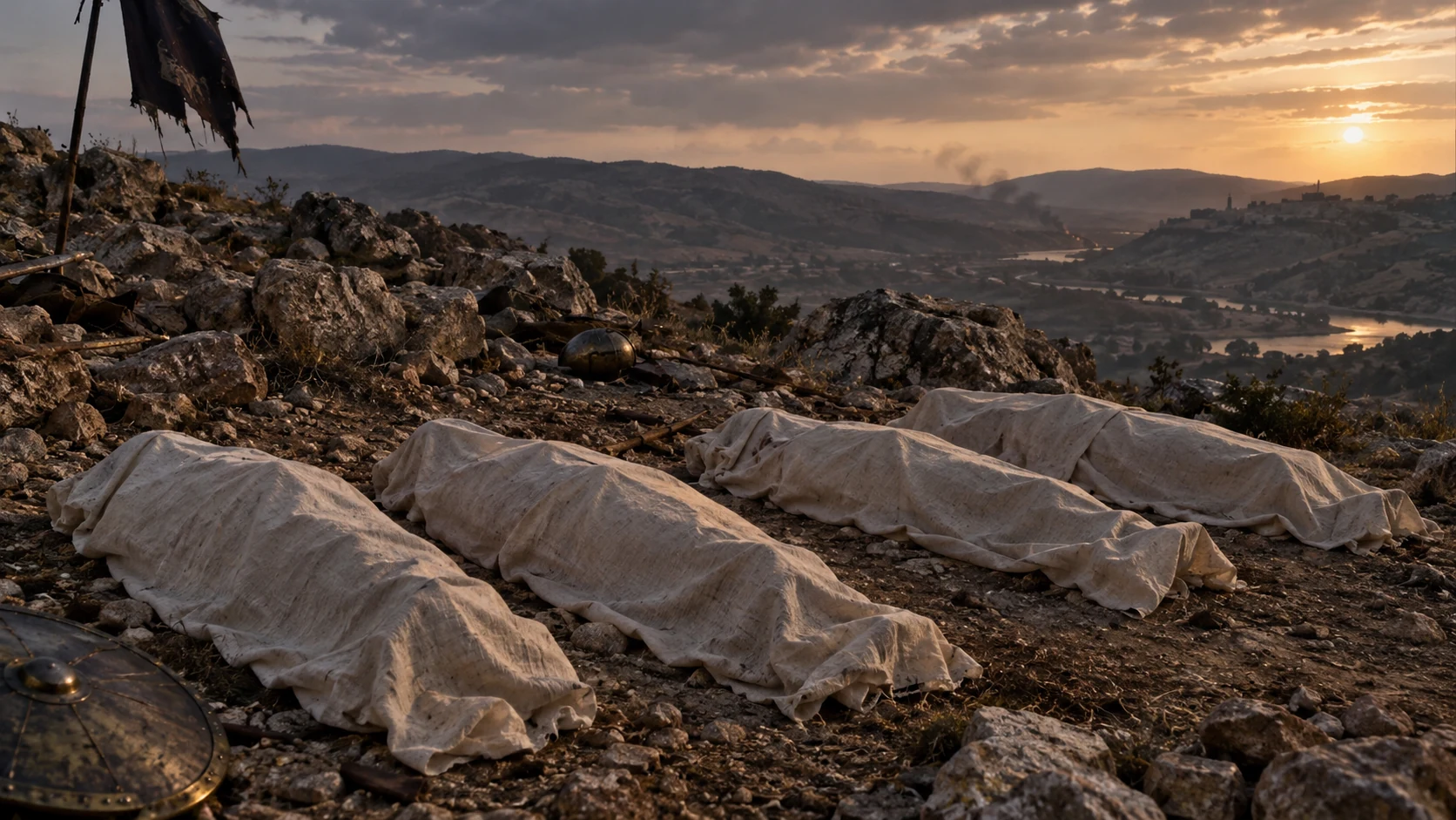 Four covered fallen figures lie on a rocky battlefield.