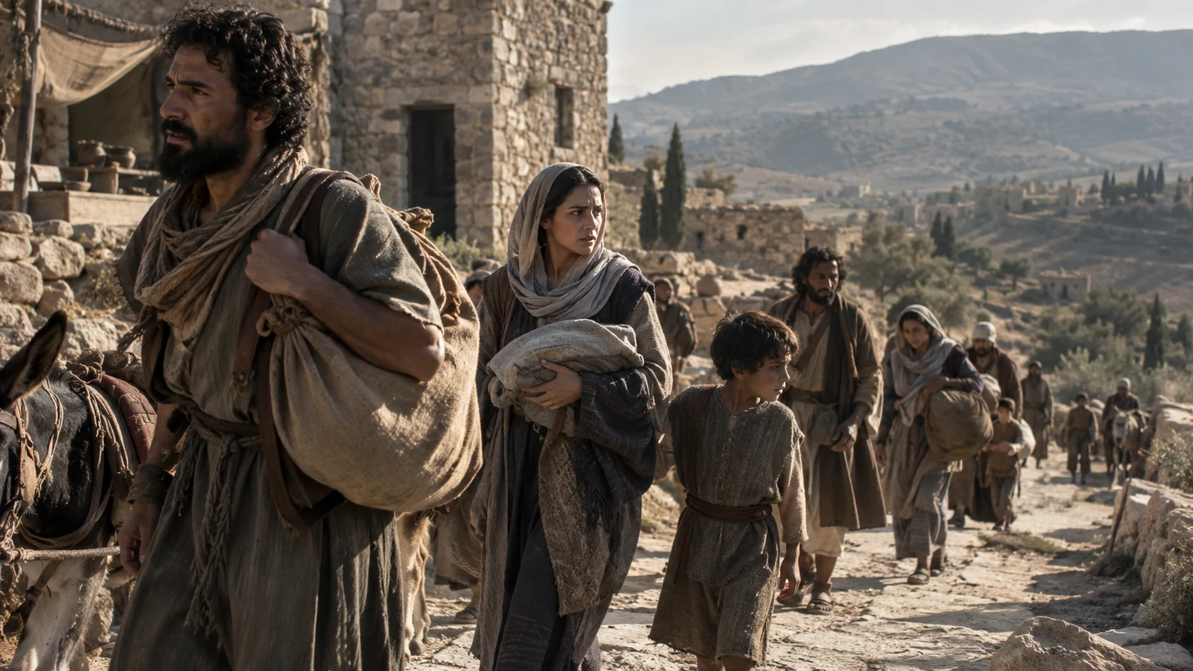 Households leave a valley town with bundles and pack animals.