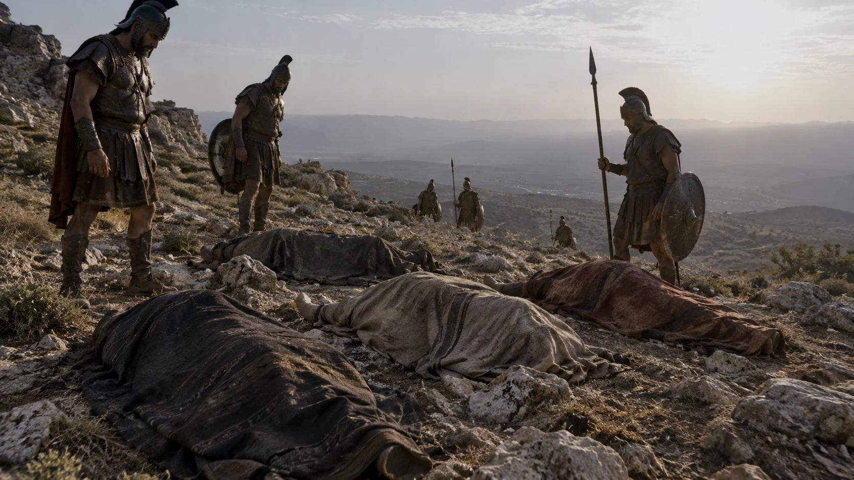 Philistine soldiers approach covered fallen figures the next morning.
