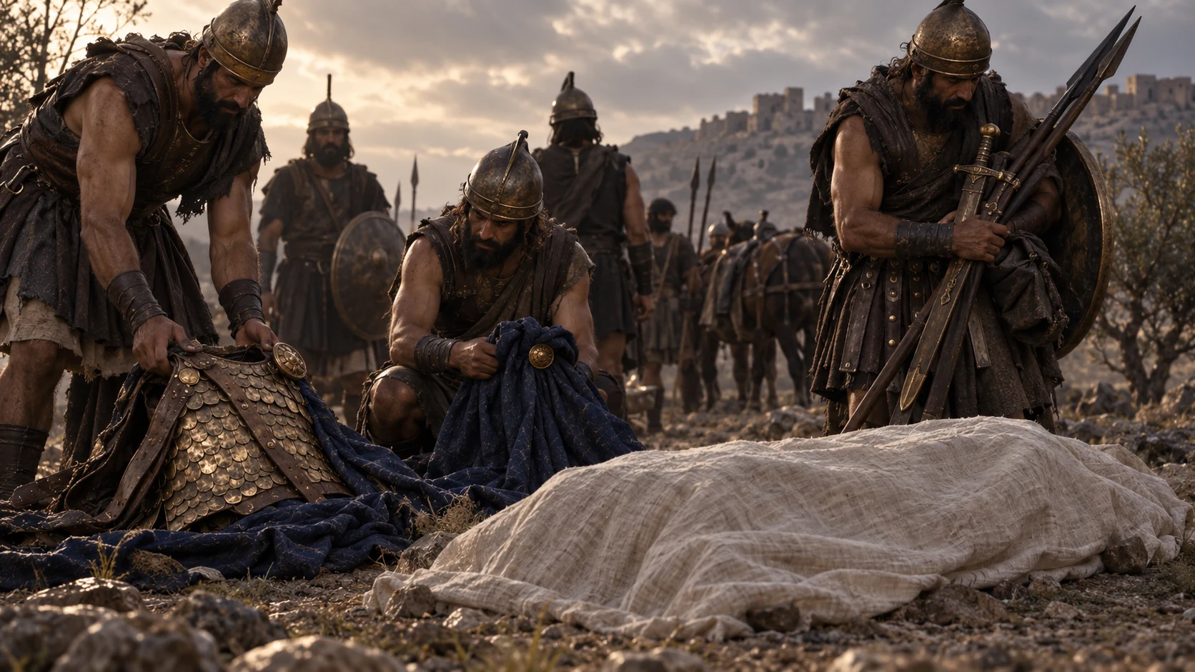 Philistine soldiers collect bronze armor and indigo cloth beside covered remains.