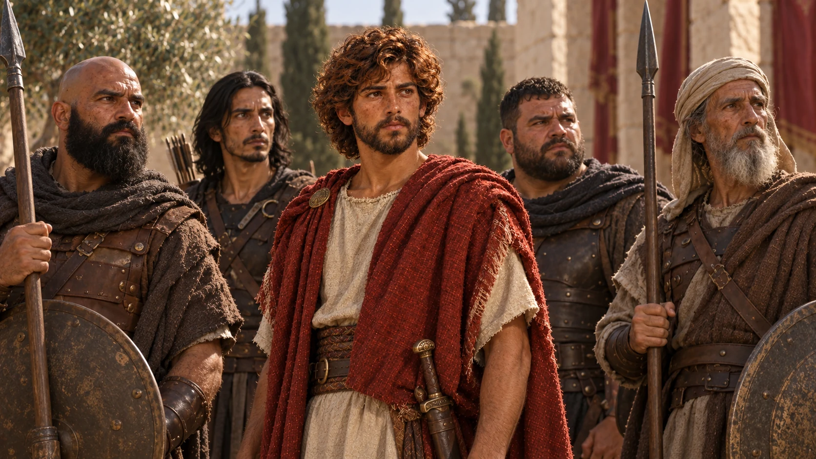 David stands among four distinctly different warriors and elders.