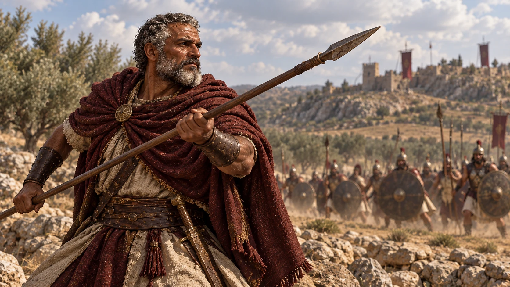 Jashobeam raises his spear against approaching warriors.