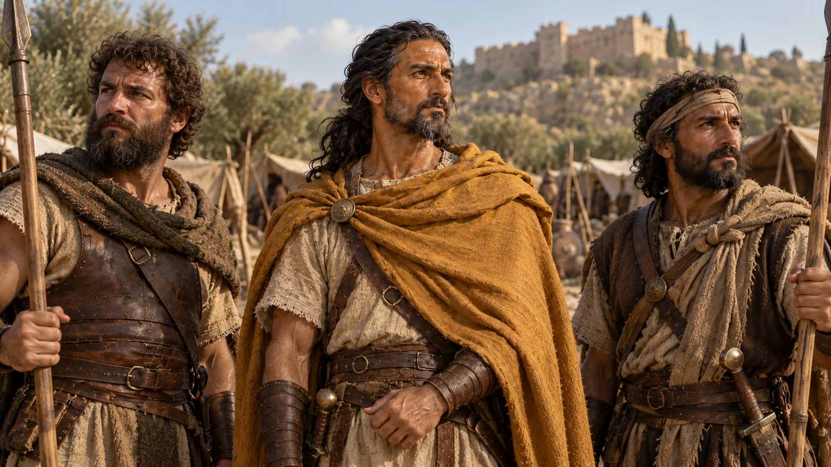 Eleazar stands among warriors wearing an ochre mantle.