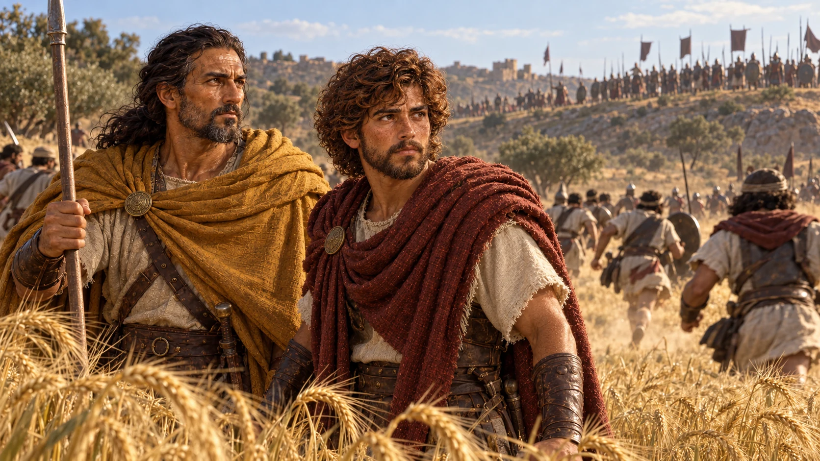 David and Eleazar stand amid barley as soldiers retreat.