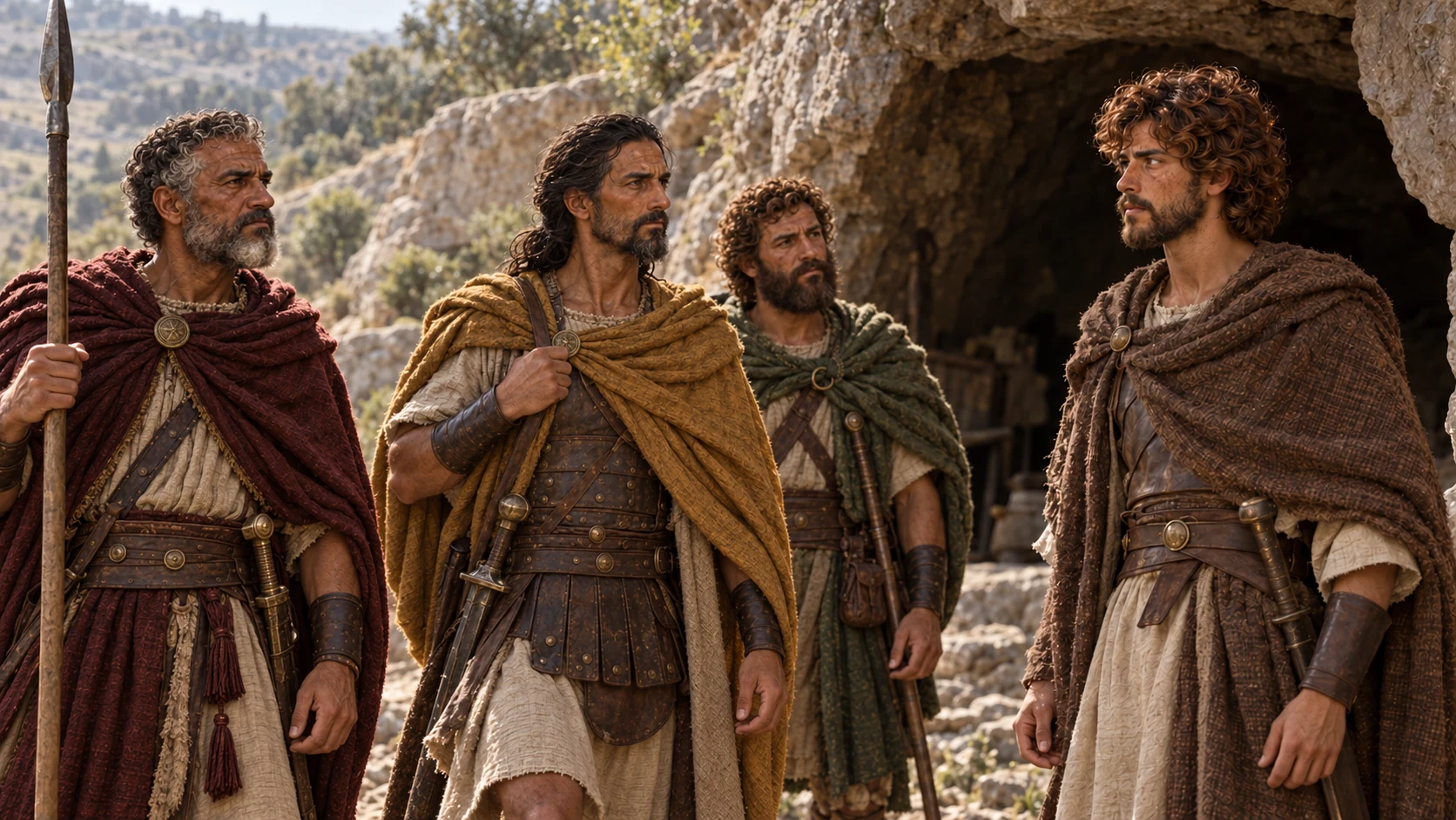 Three warriors meet David at a rocky cave entrance.