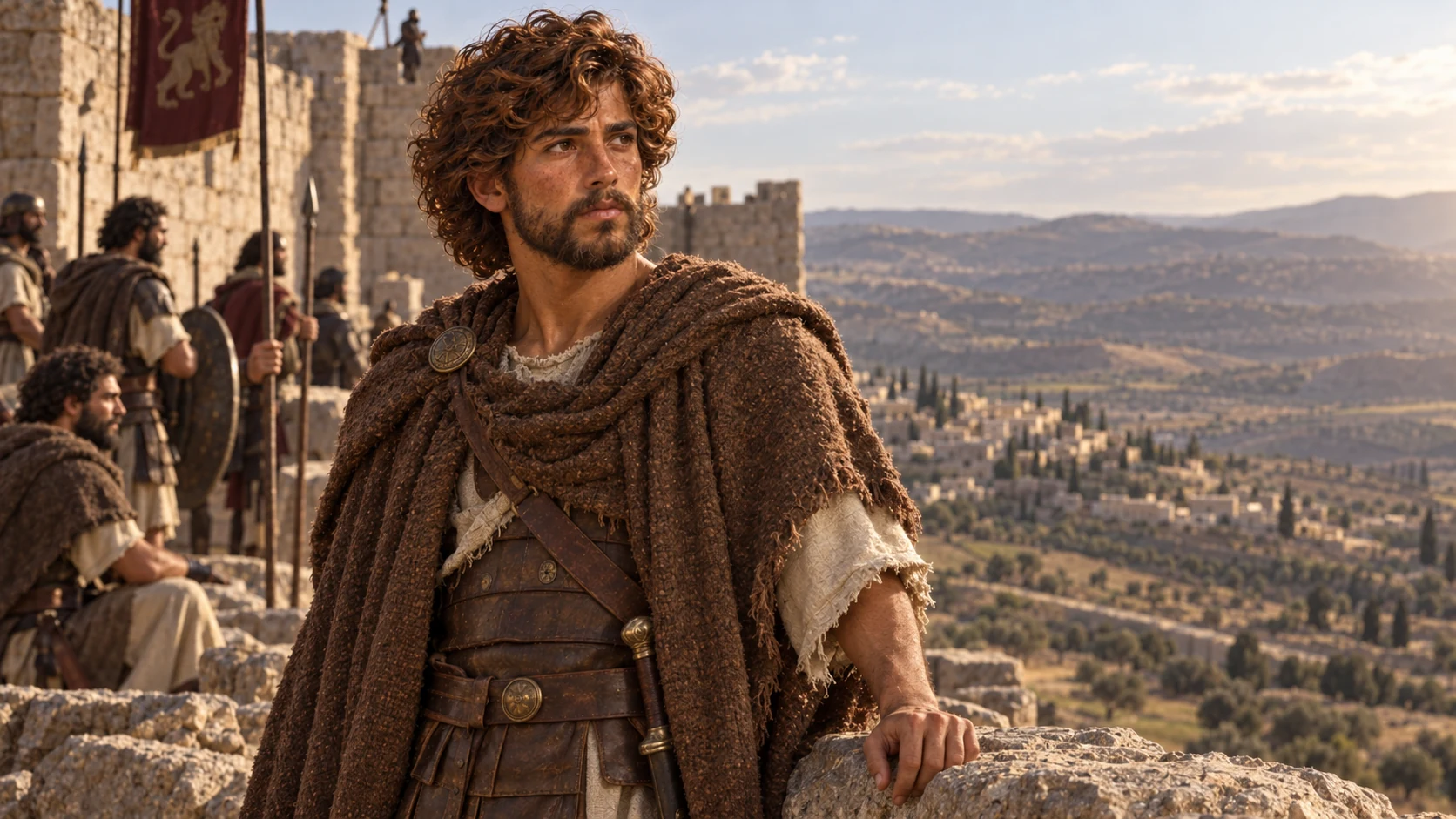 David stands thoughtfully beside a rocky stronghold overlooking a valley.