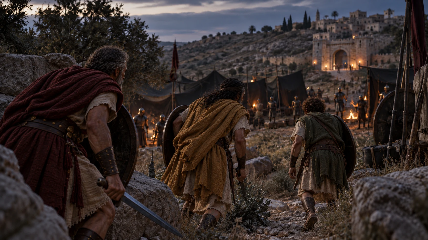 Three warriors descend toward the Philistine camp.