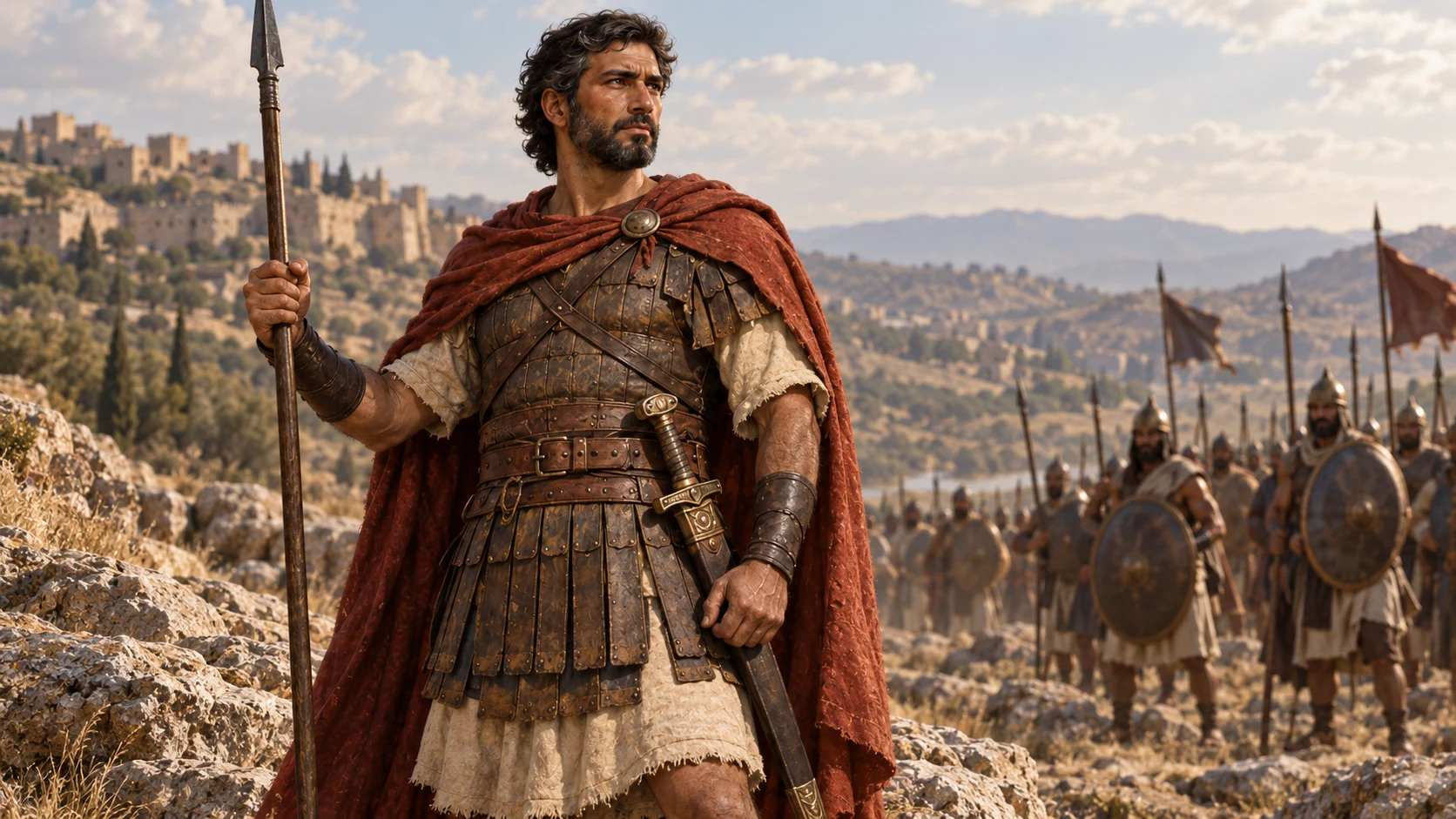Abishai holds a spear in an open military setting.