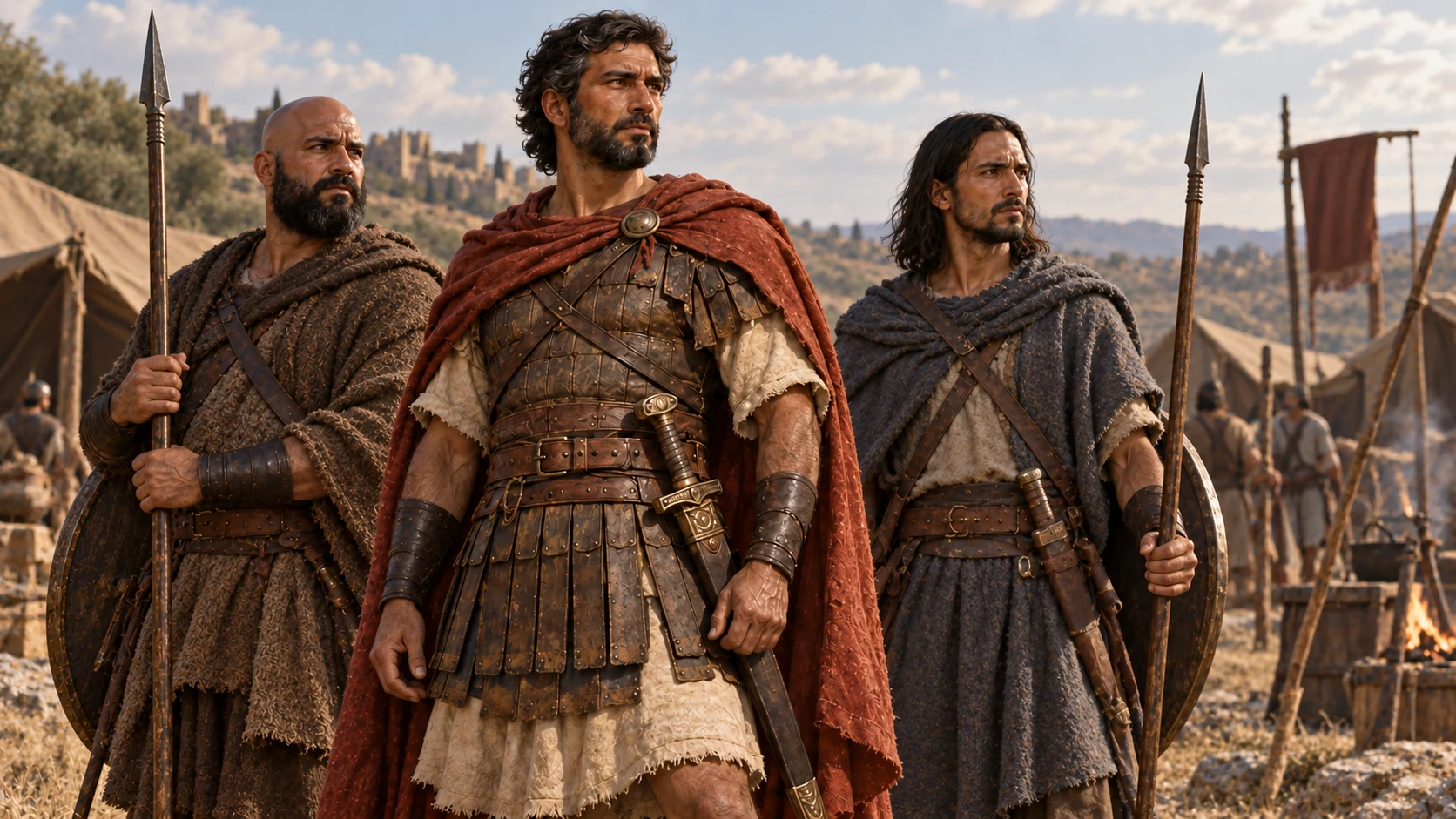 Abishai stands with two distinctly different fellow warriors.