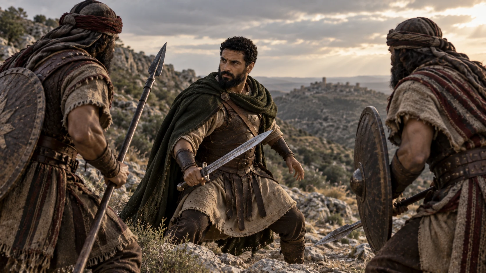 Benaiah faces two Moabite warriors on rocky ground.