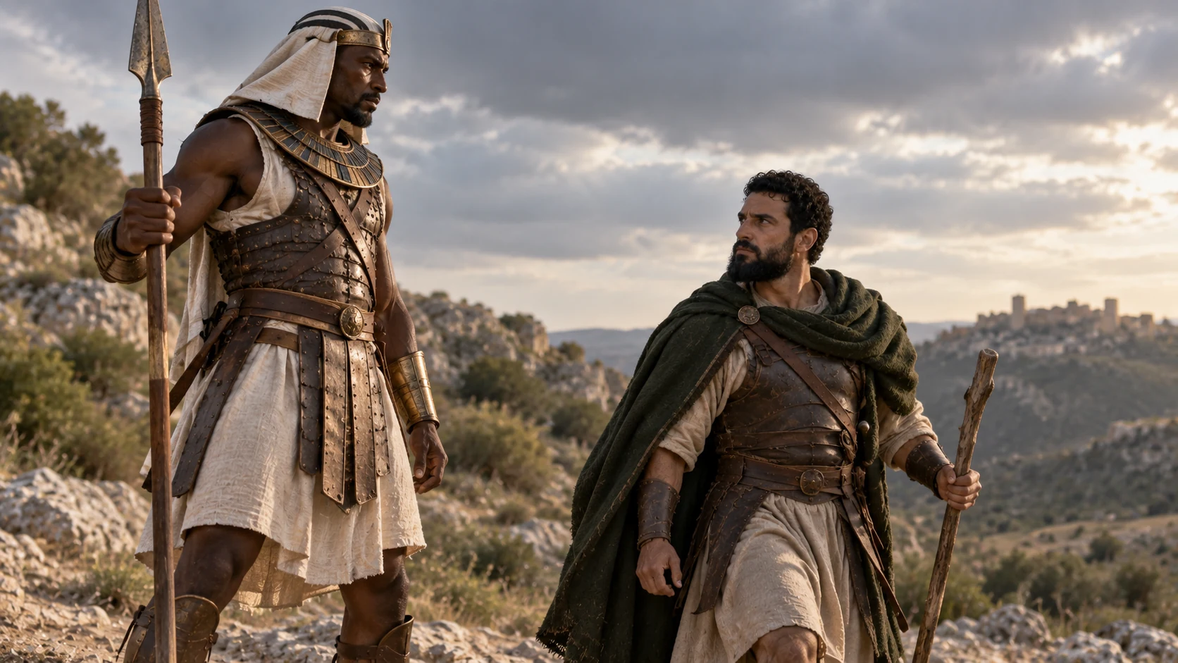 Benaiah approaches a tall Egyptian spear-bearer with a wooden staff.
