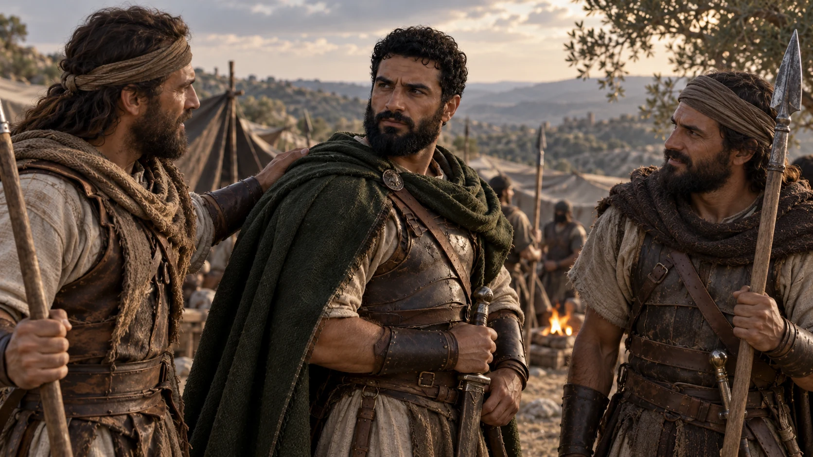 Benaiah stands among two warriors beside a camp.