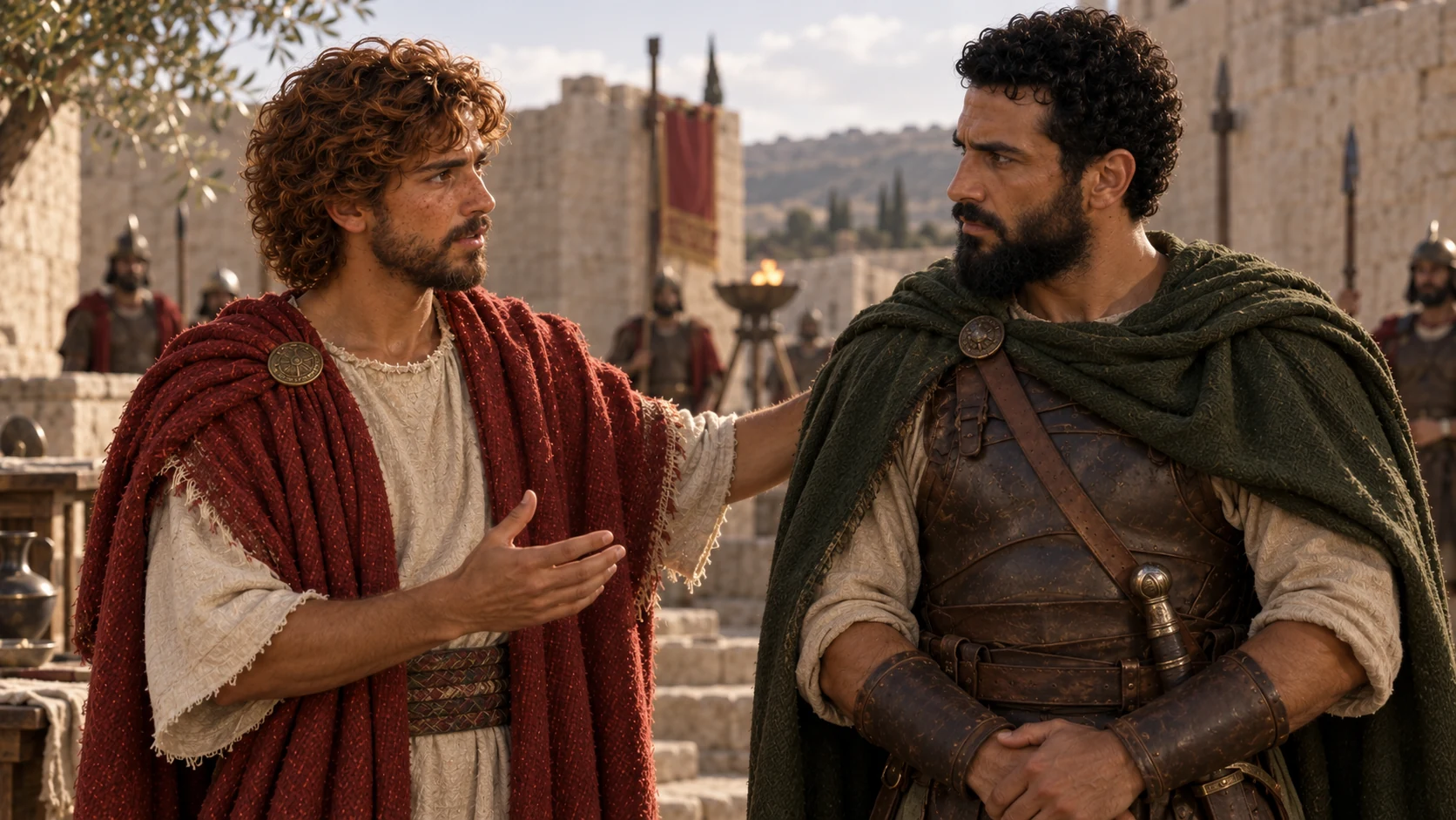 David speaks to Benaiah in a modest stronghold courtyard.
