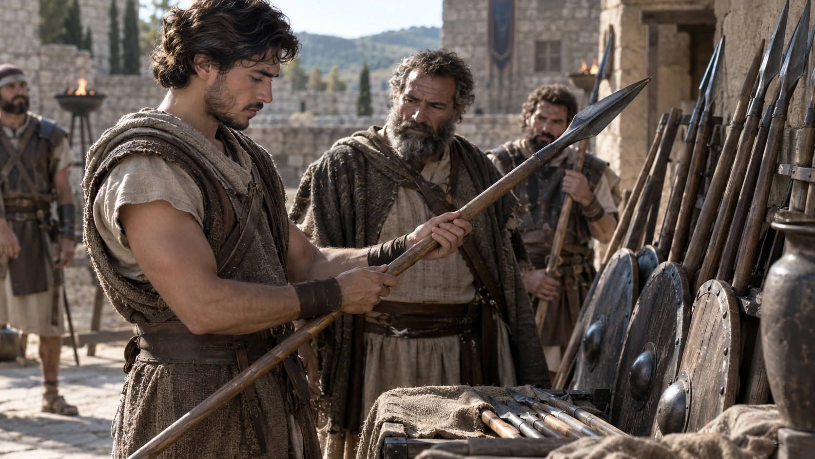 A young warrior inspects a spear beside older companions.