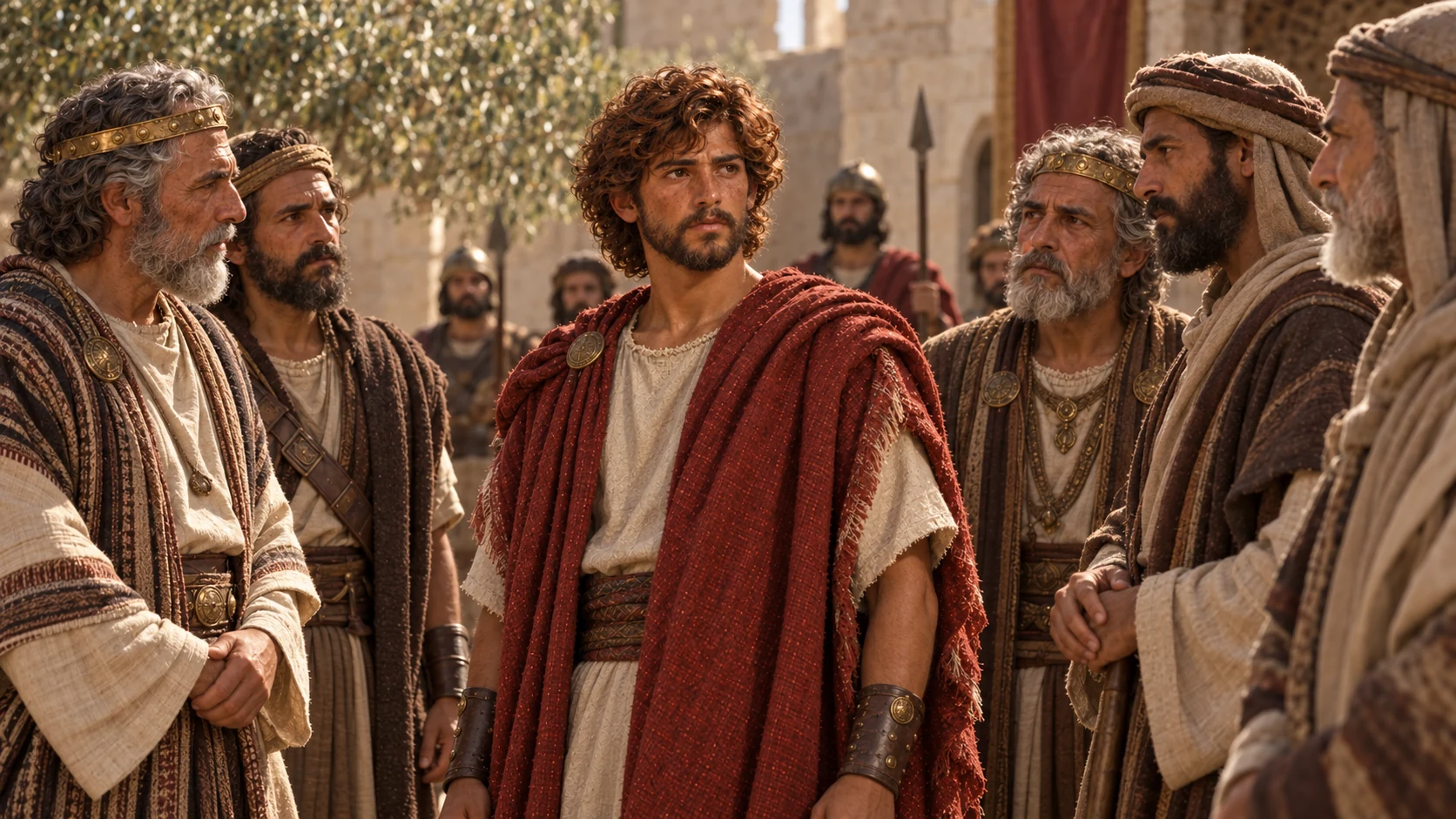 David stands with elders in a solemn courtyard gathering.