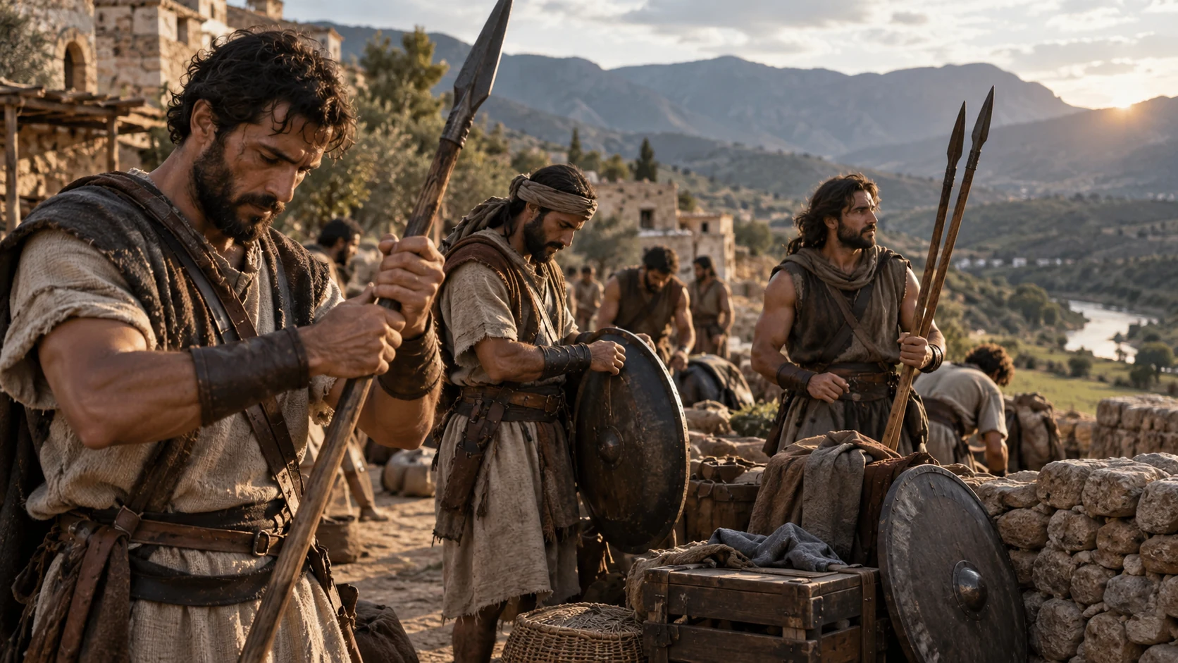 Adult warriors prepare spears and shields beside a valley village.