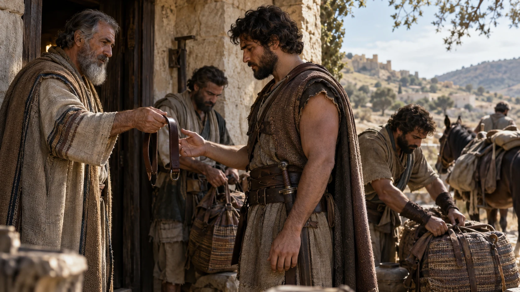 An elder hands a leather strap to a young adult warrior.
