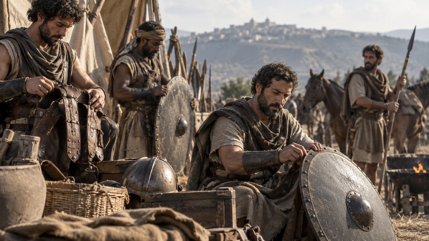 Armor bearers inspect shields and leather equipment at a camp edge.