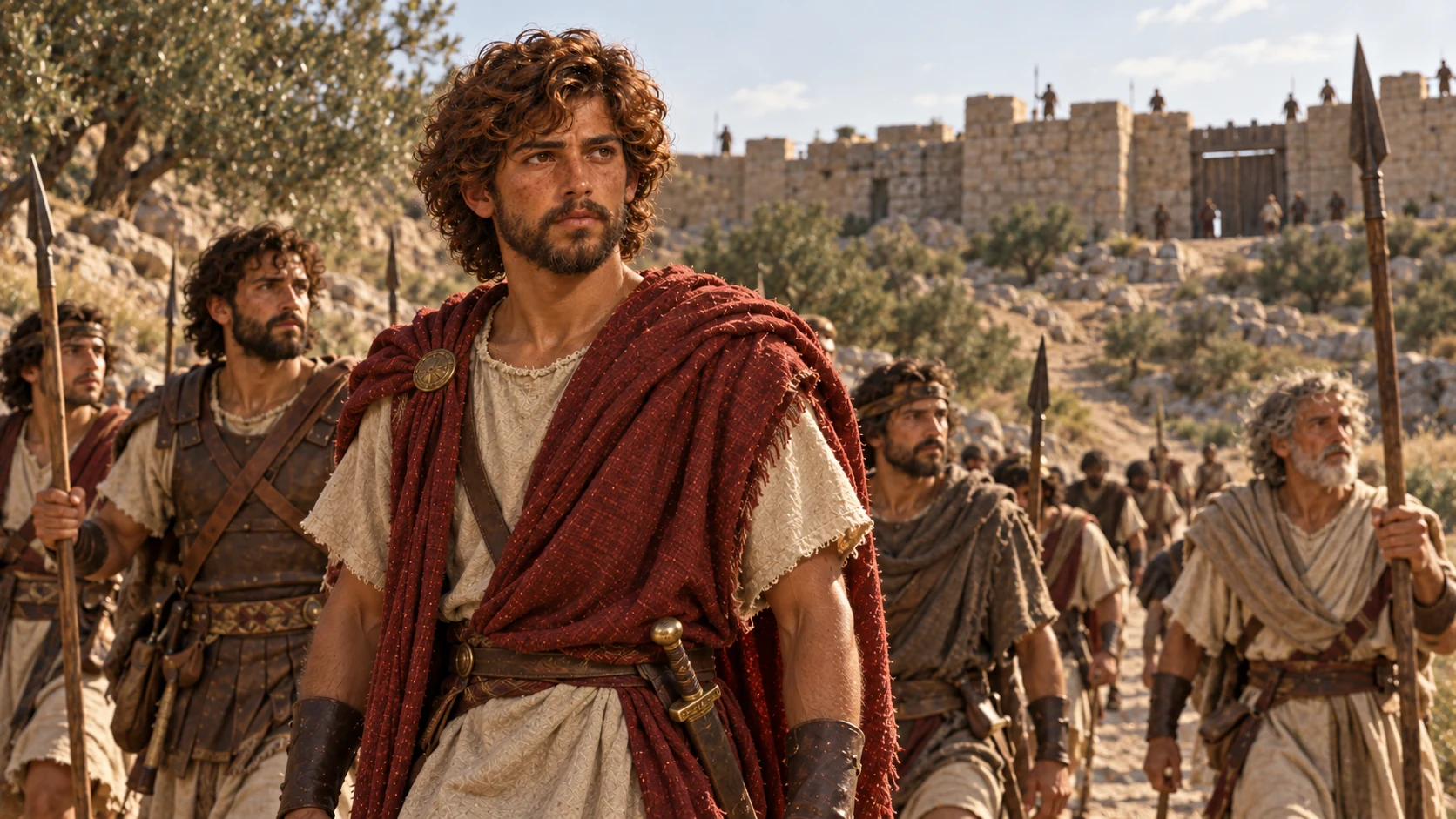 David and Israelite men approach the fortified settlement of Jebus.