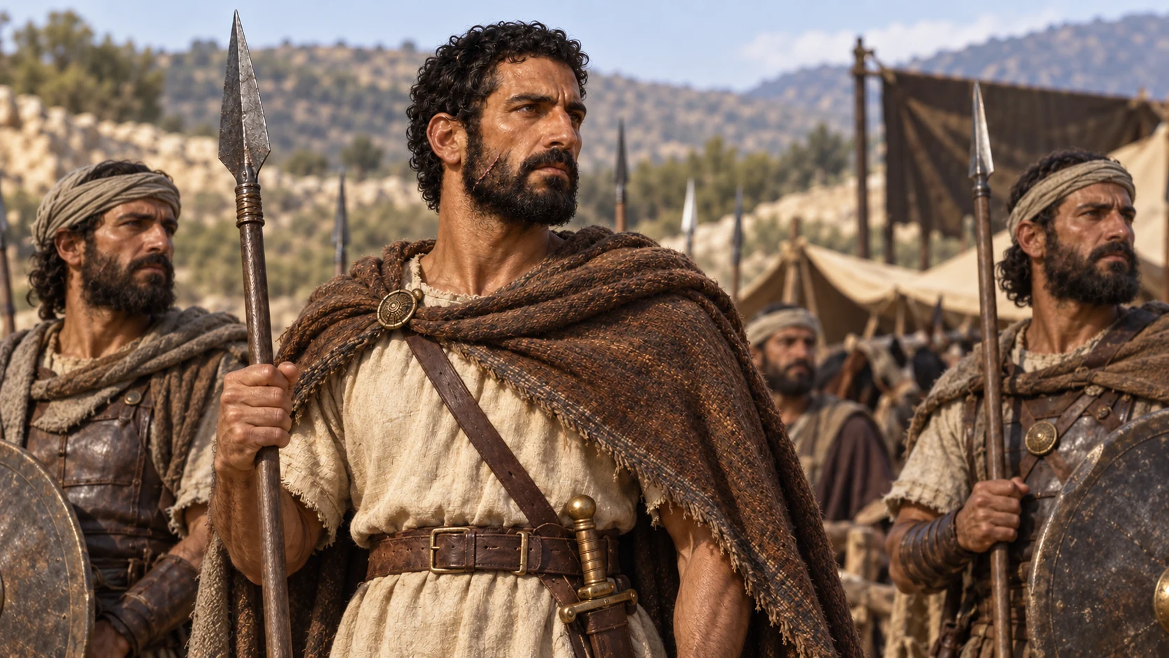Uriah stands with a spear among fellow warriors.