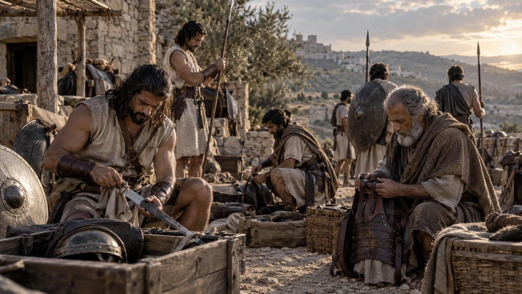Warriors and an elder tend military equipment beside a settlement.